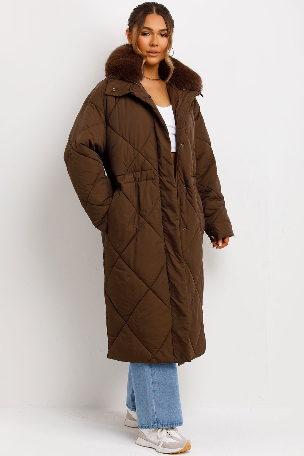 Long Puffer Quilted Coat With Fur Collar Brown