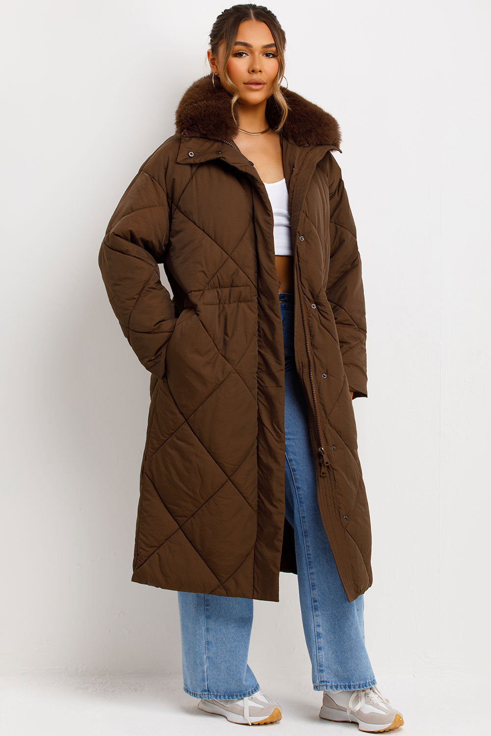 Long Puffer Quilted Coat With Fur Collar Brown