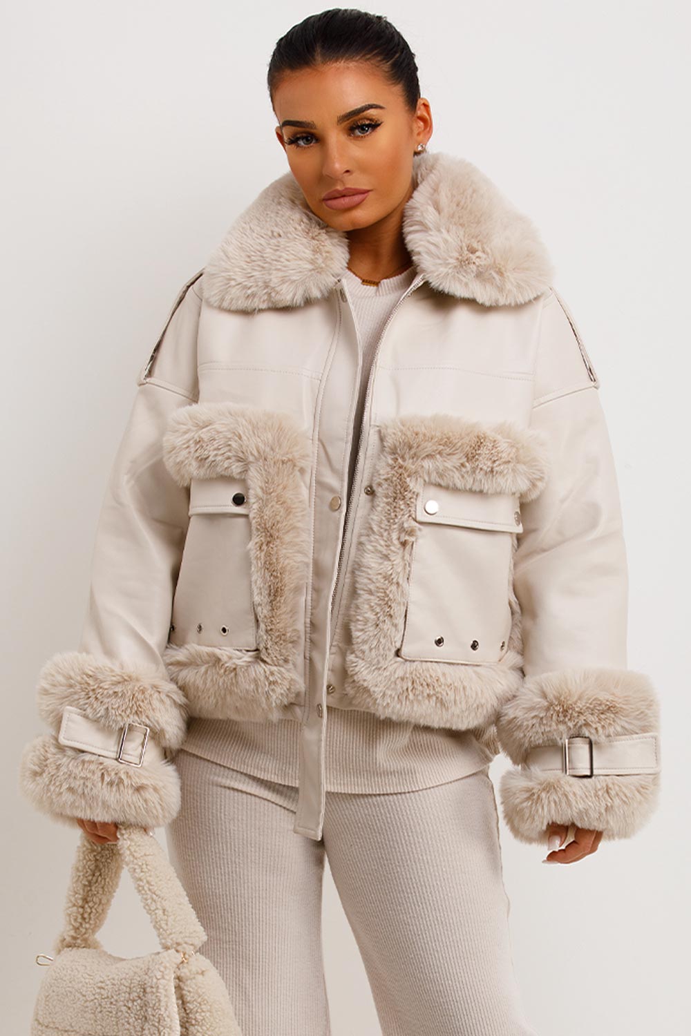 Faux Fur Trim Faux Leather Jacket Beige