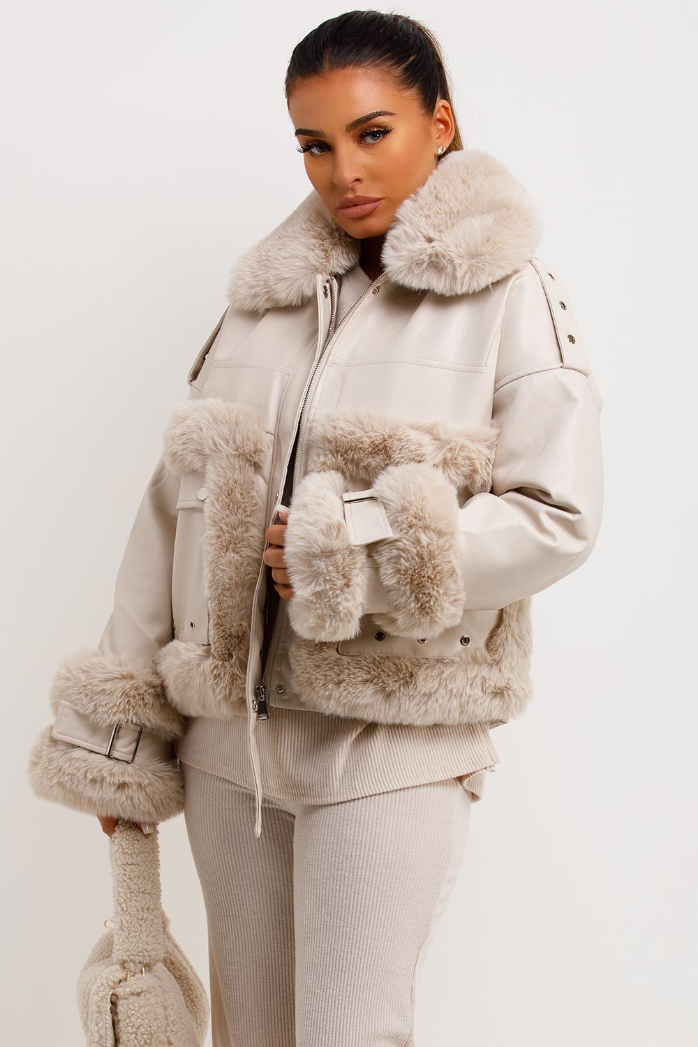 Faux Fur Trim Faux Leather Jacket Beige