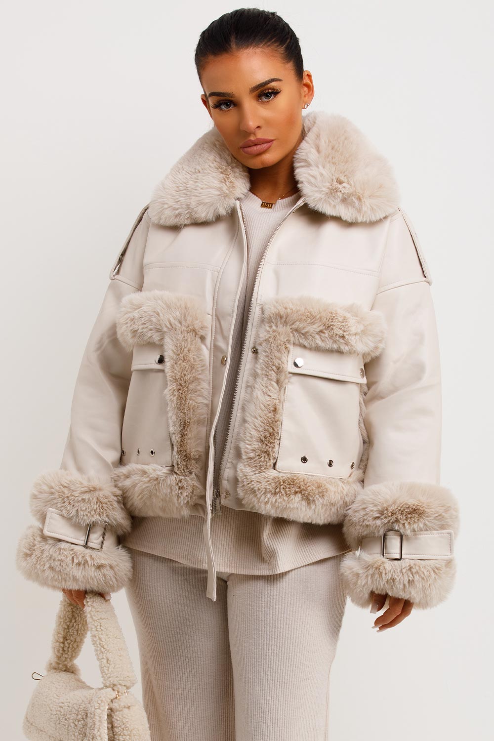 Faux Fur Trim Faux Leather Jacket Beige