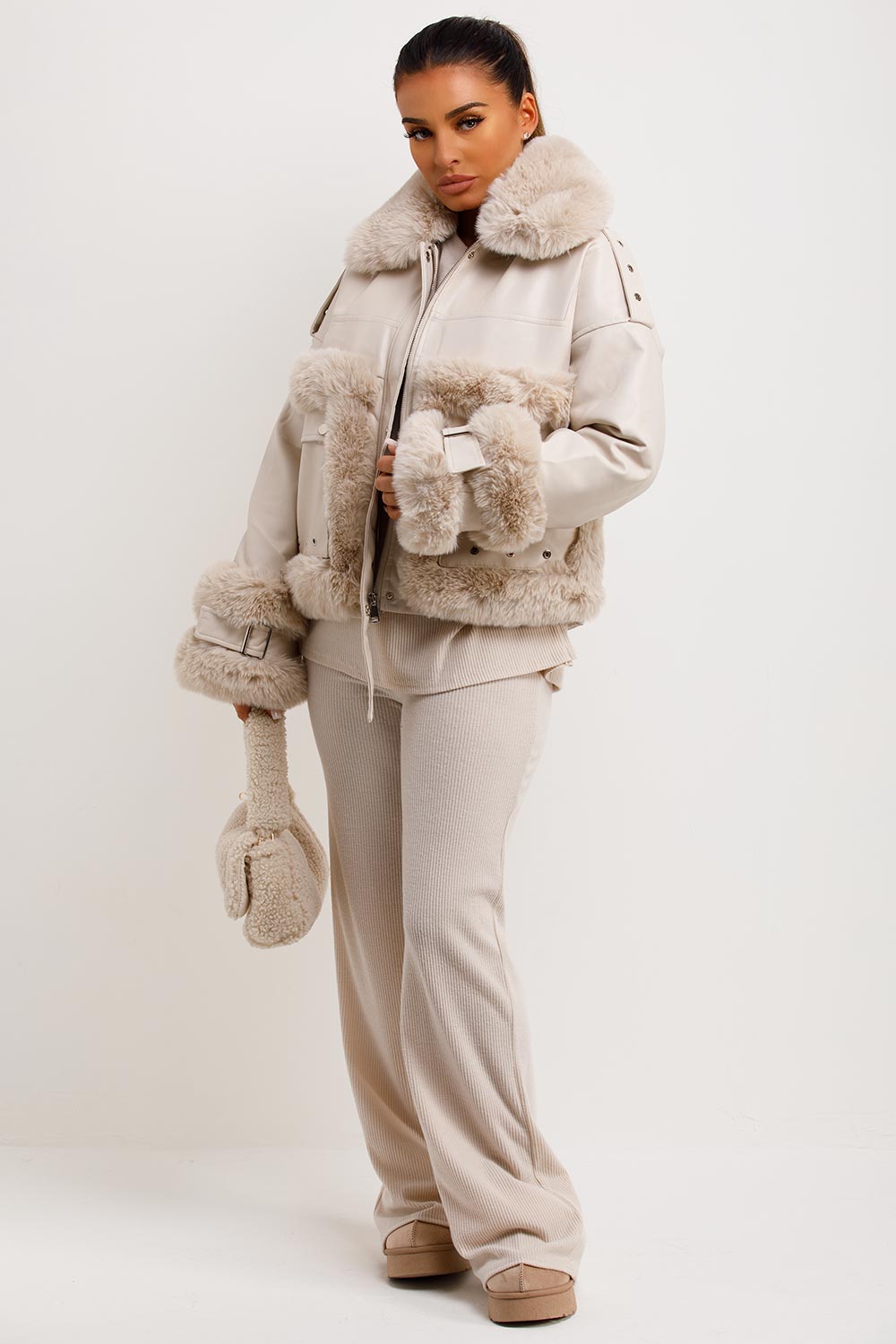 Faux Fur Trim Faux Leather Jacket Beige