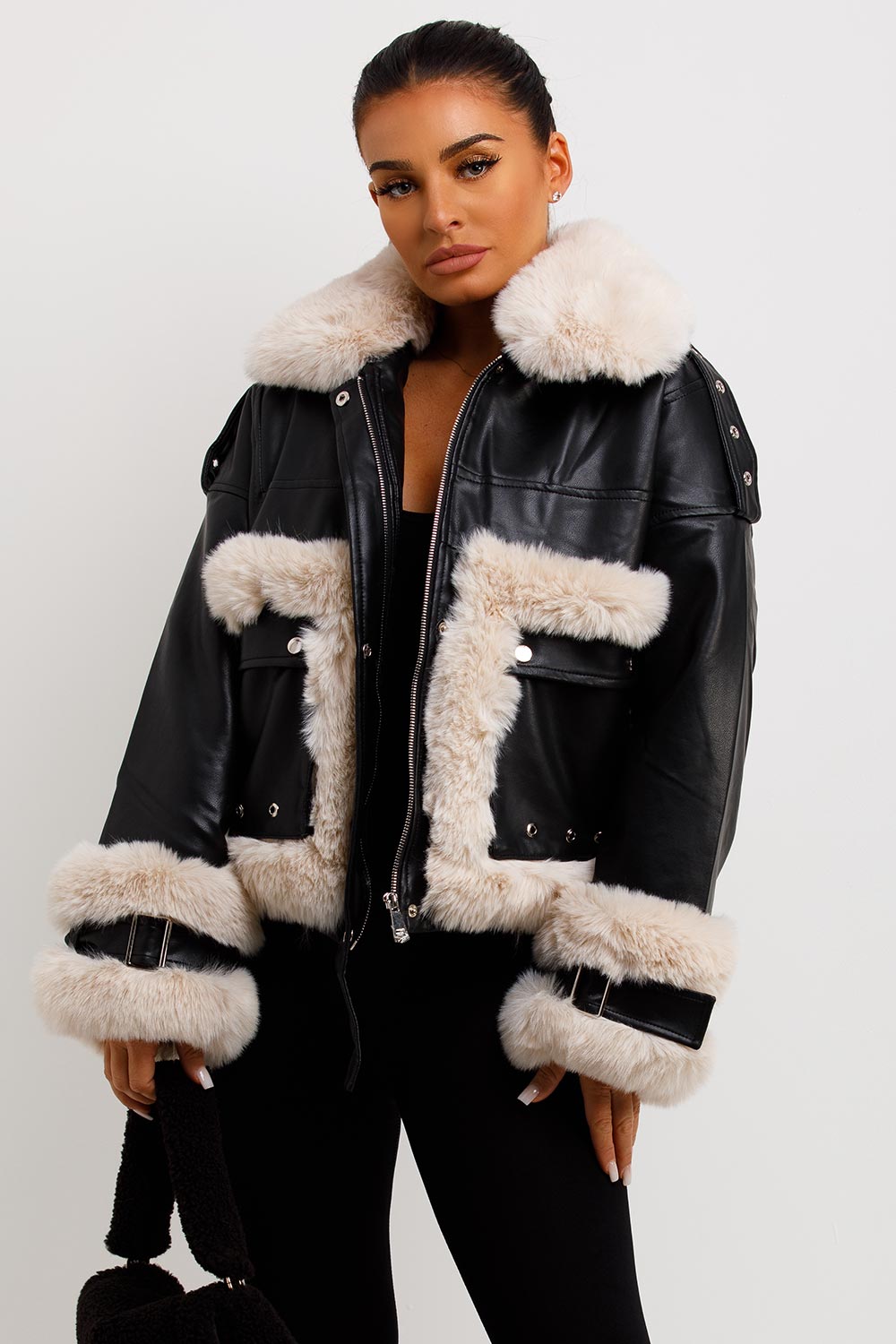 Faux Fur Trim Faux Leather Jacket Black