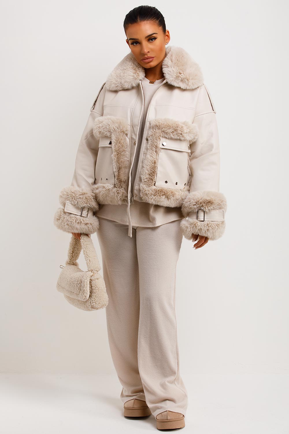 Faux Fur Trim Faux Leather Jacket Beige