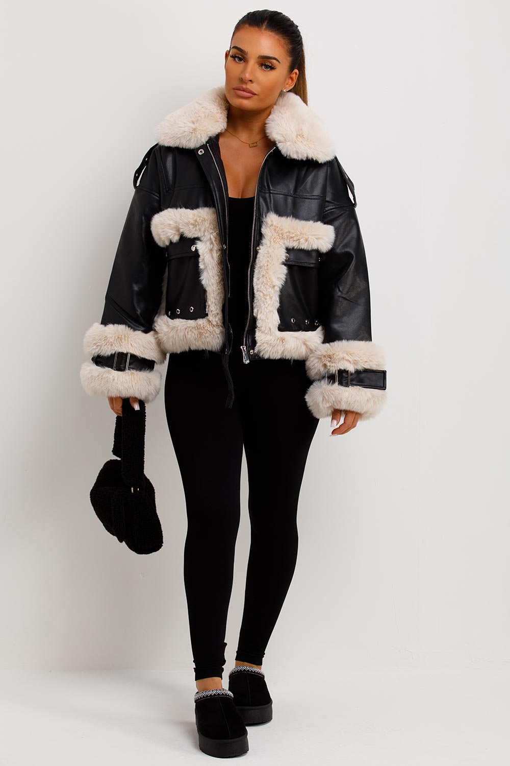 Faux Fur Trim Faux Leather Jacket Black