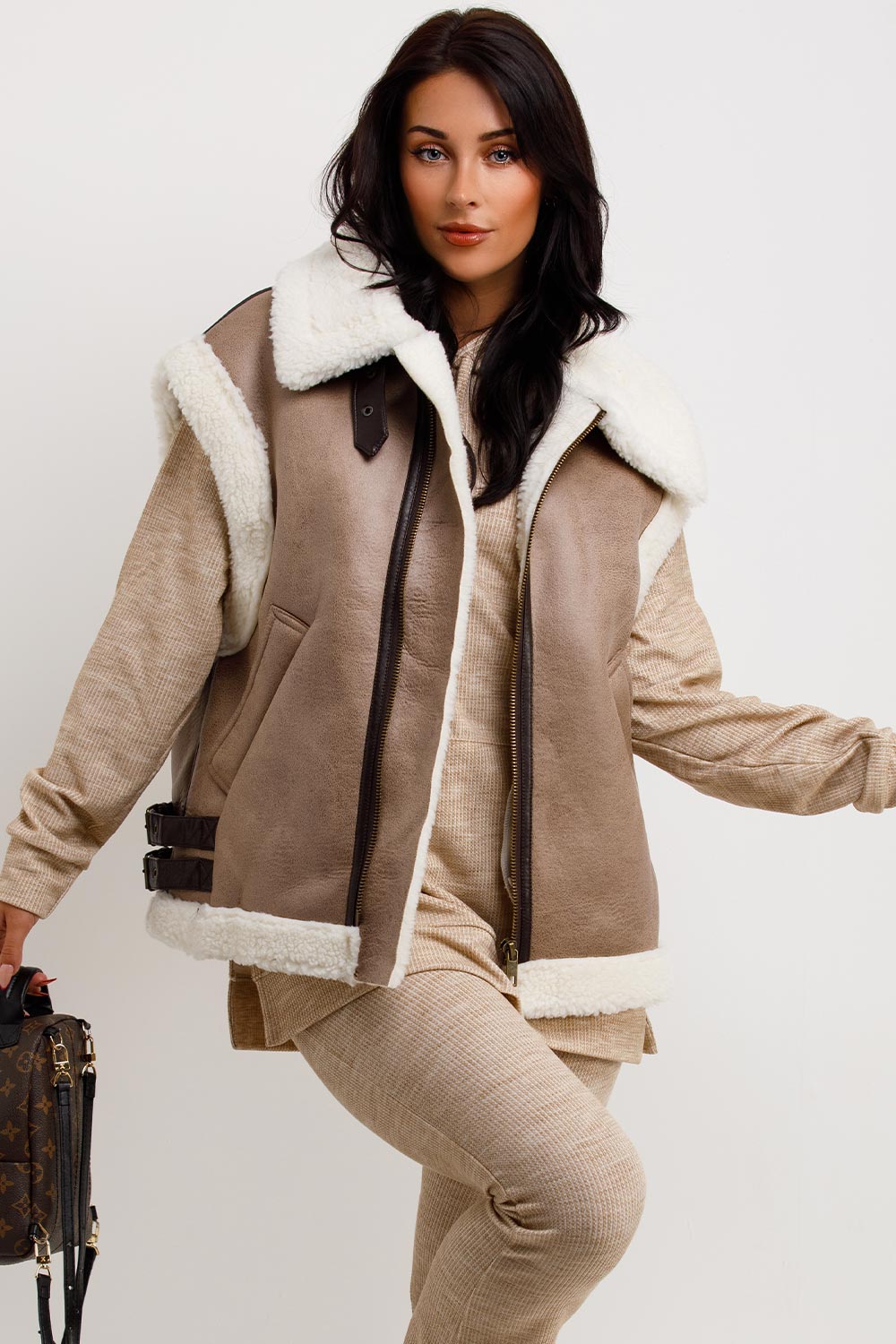 Faux Shearling Aviator Gilet In Faux Leather Beige