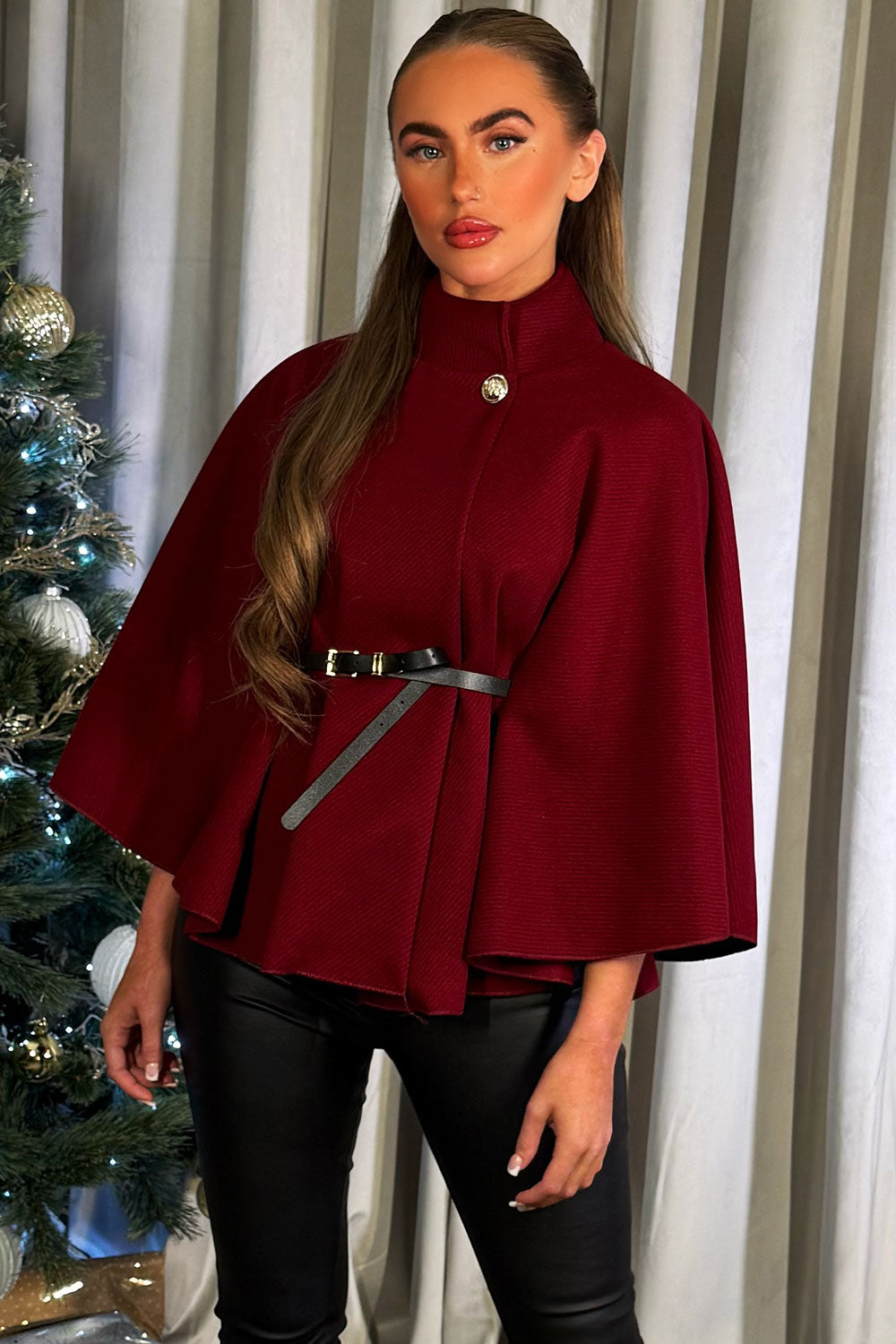 Cape With Belt Burgundy