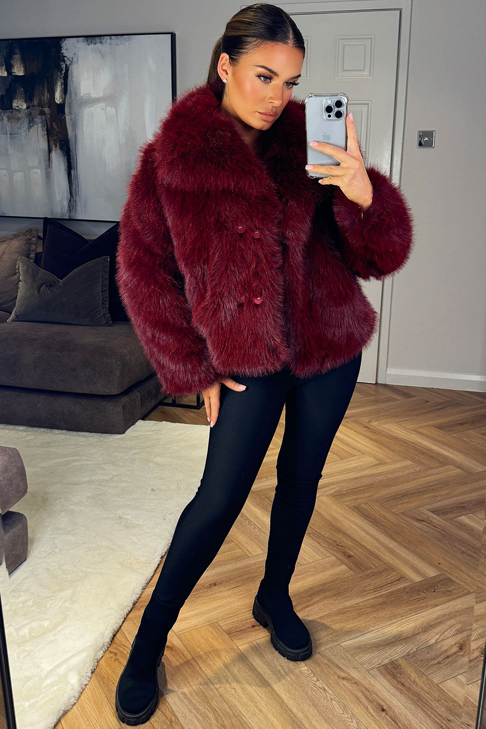 Burgundy Faux Fur Short Plush Jacket