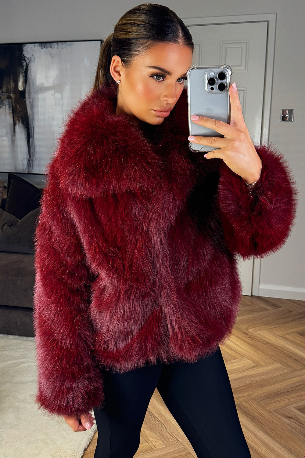 Burgundy Faux Fur Short Plush Jacket