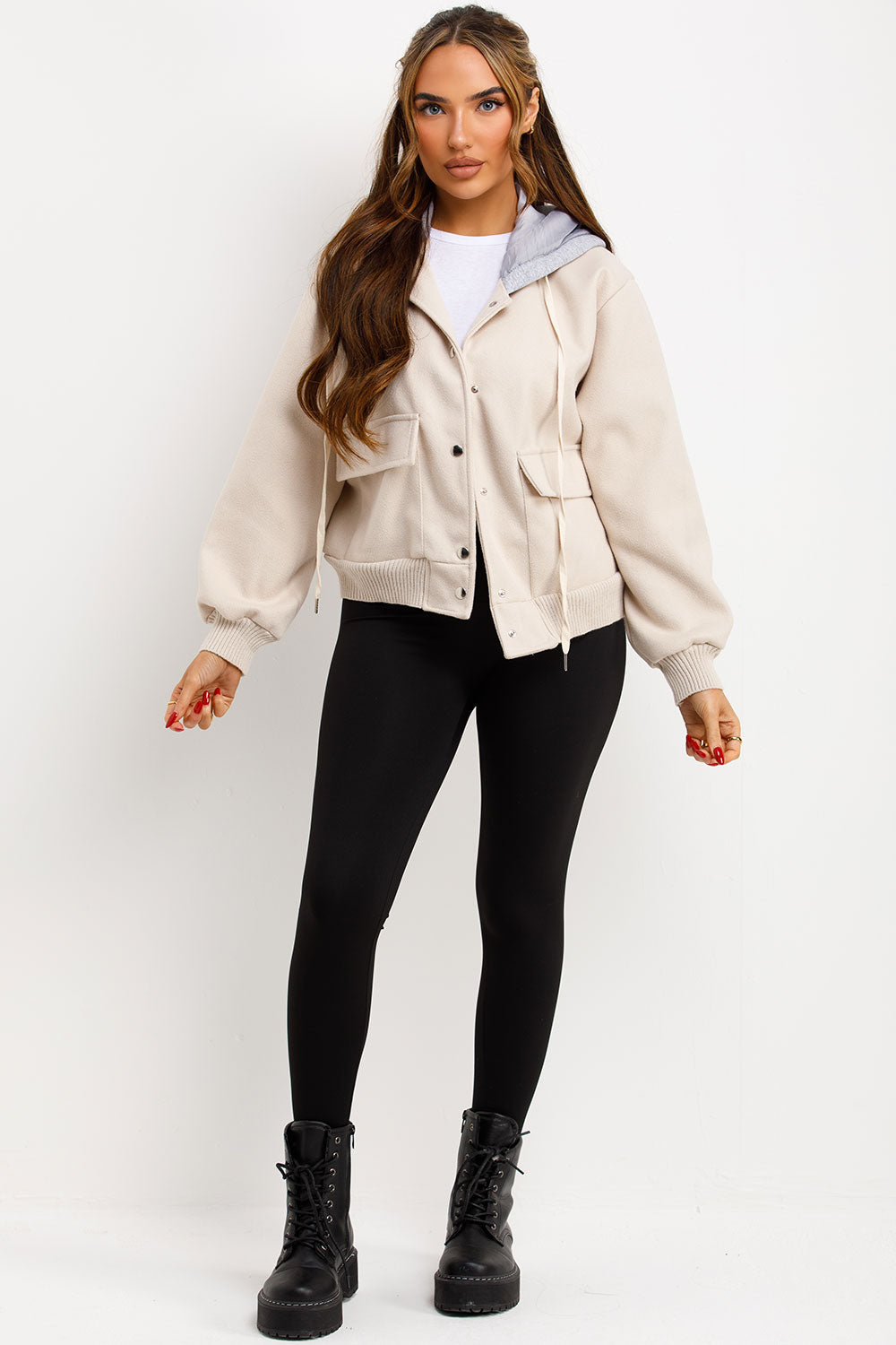 Bomber Baseball Jacket With Hood Beige