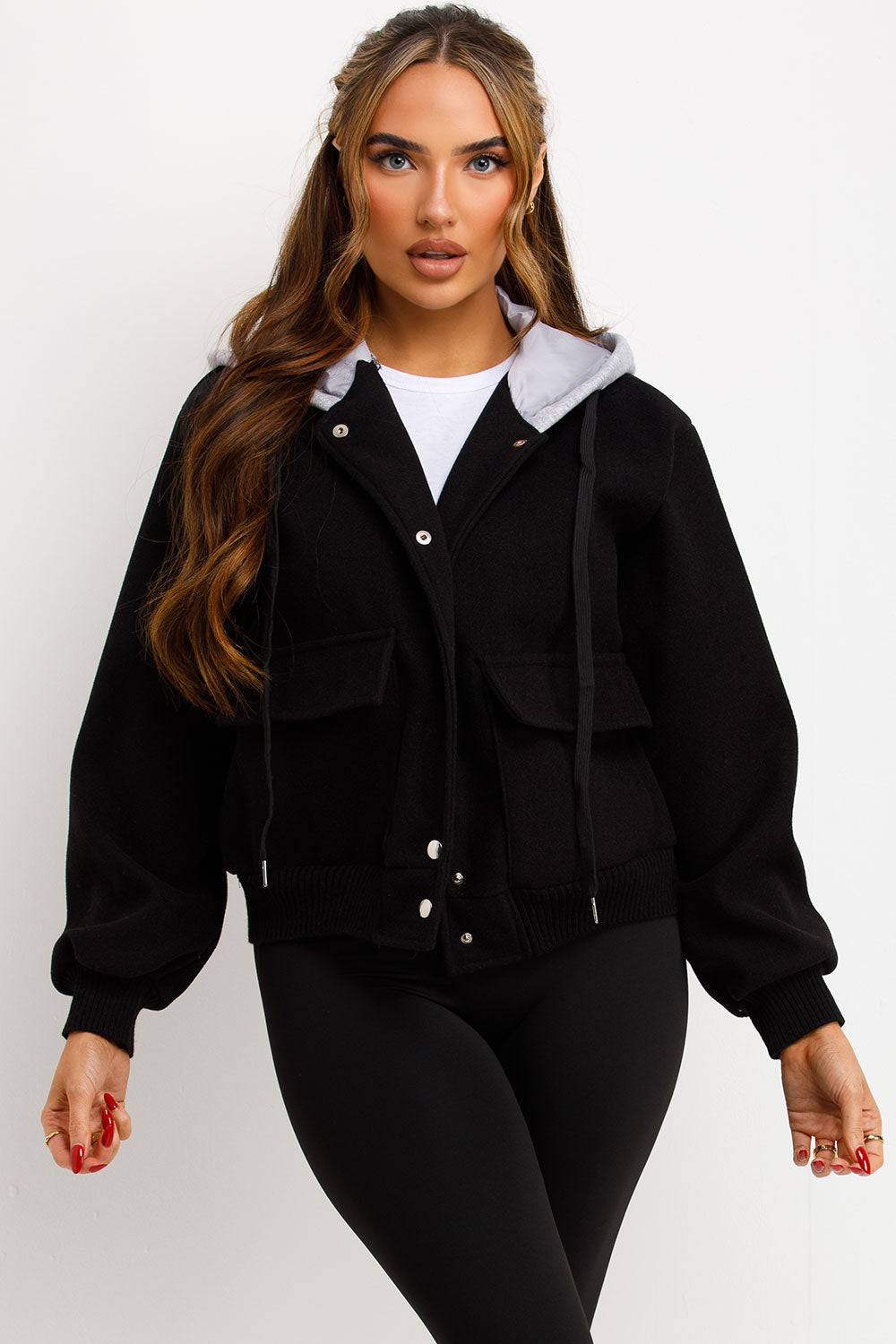 Bomber Baseball Jacket With Hood Black