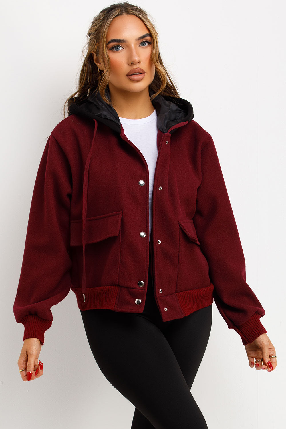 Bomber Baseball Jacket With Hood Burgundy