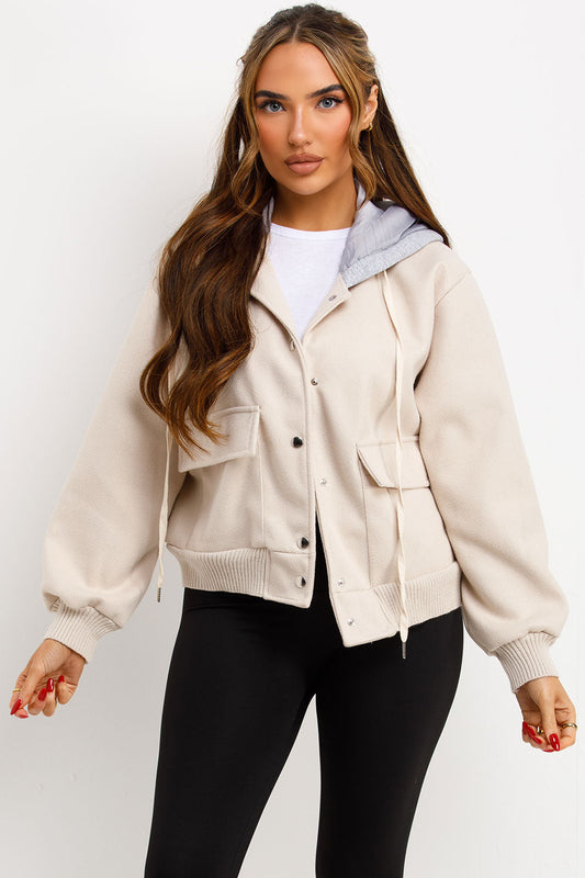 Bomber Baseball Jacket With Hood Beige