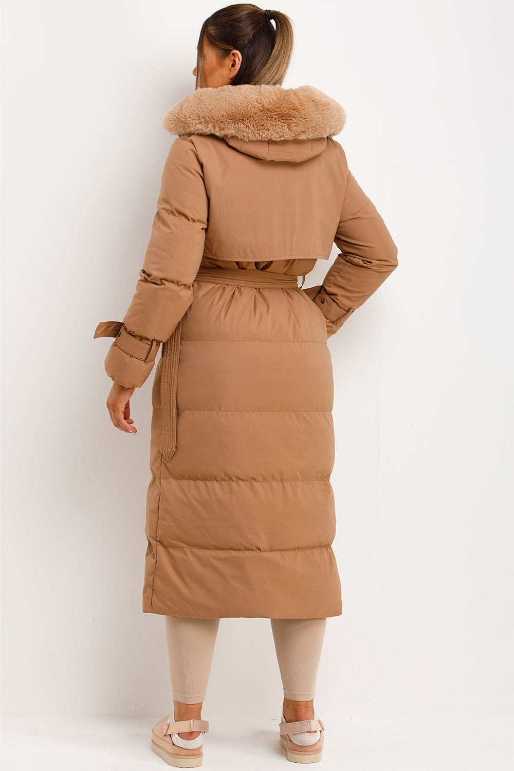 Long Puffer Trench Coat With Belt And Faux Fur Hood Camel