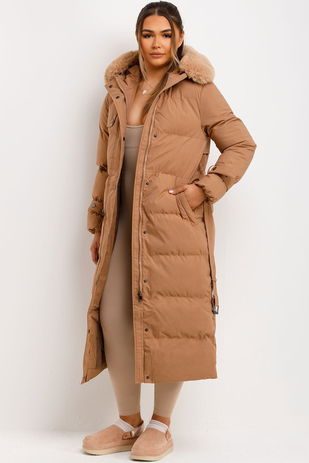 Long Puffer Trench Coat With Belt And Faux Fur Hood Camel