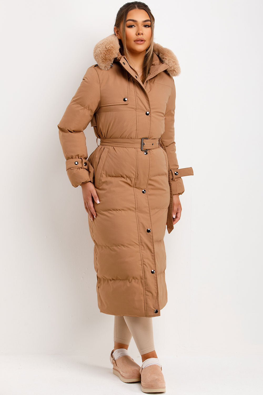 Long Puffer Trench Coat With Belt And Faux Fur Hood Camel