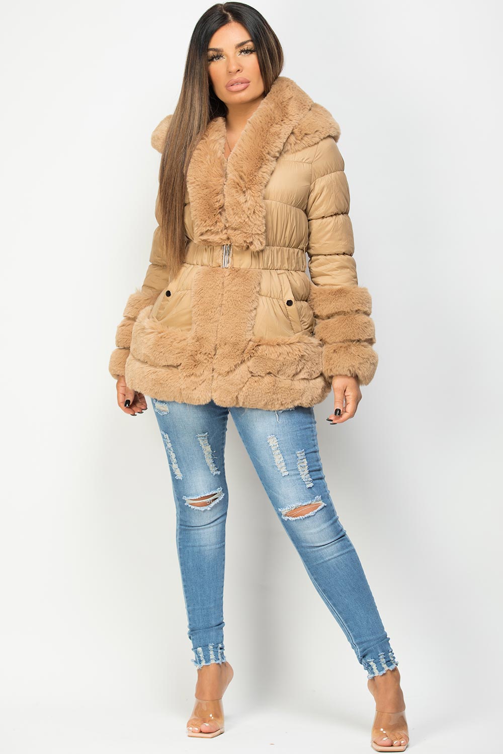 Faux Fur Trim Puffer Hooded Down Jacket With Belt Camel