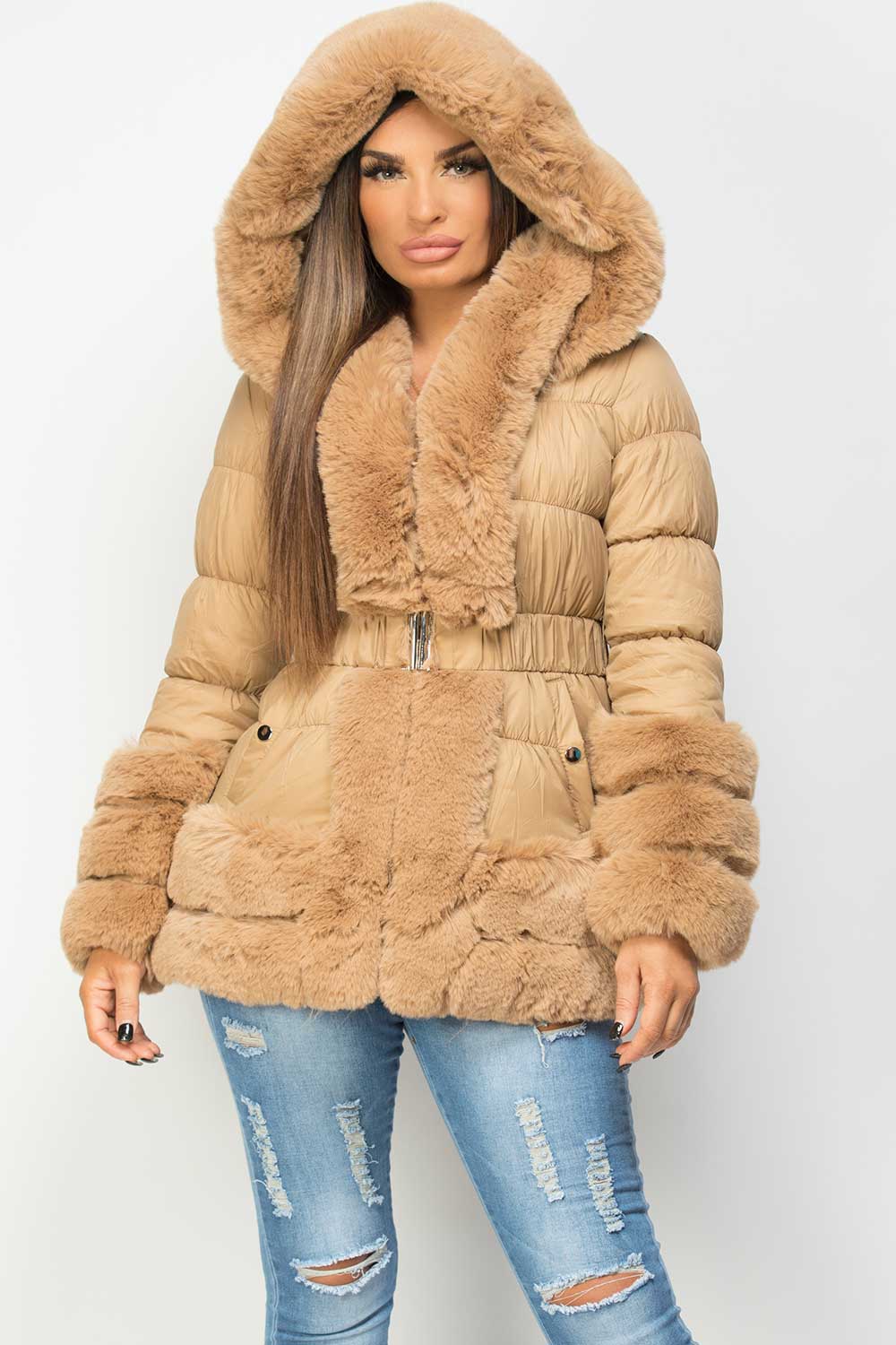 Faux Fur Trim Puffer Hooded Down Jacket With Belt Camel