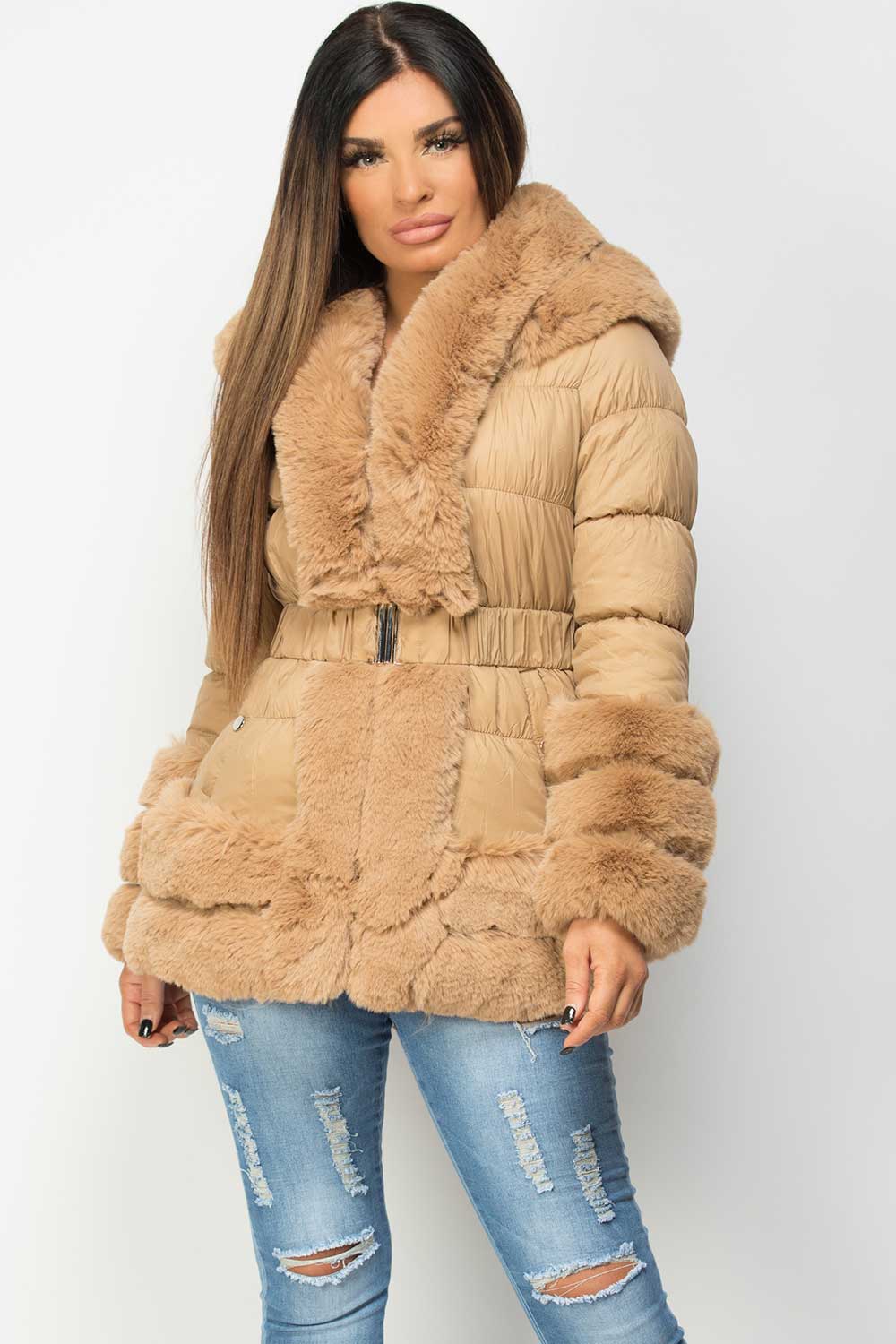 Faux Fur Trim Puffer Hooded Down Jacket With Belt Camel