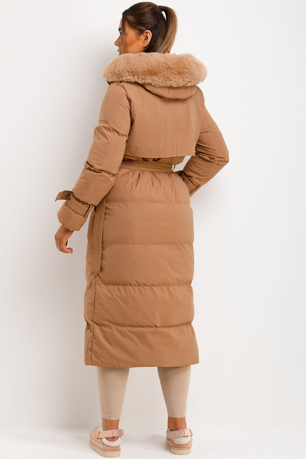 Long Puffer Trench Coat With Belt And Faux Fur Hood Camel