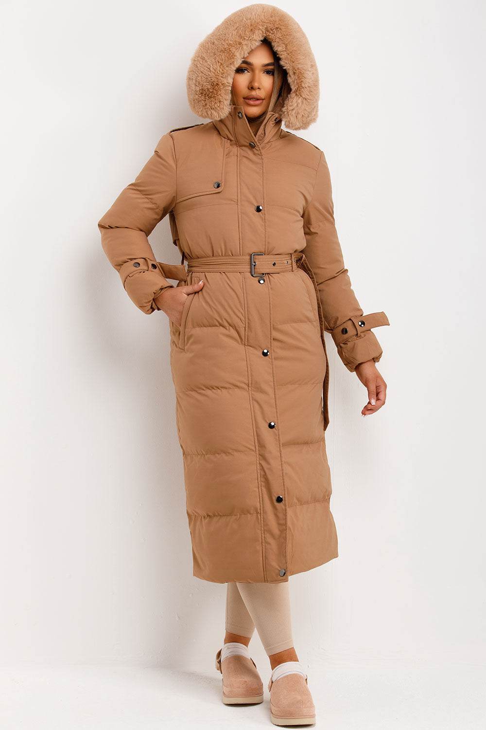 Long Puffer Trench Coat With Belt And Faux Fur Hood Camel