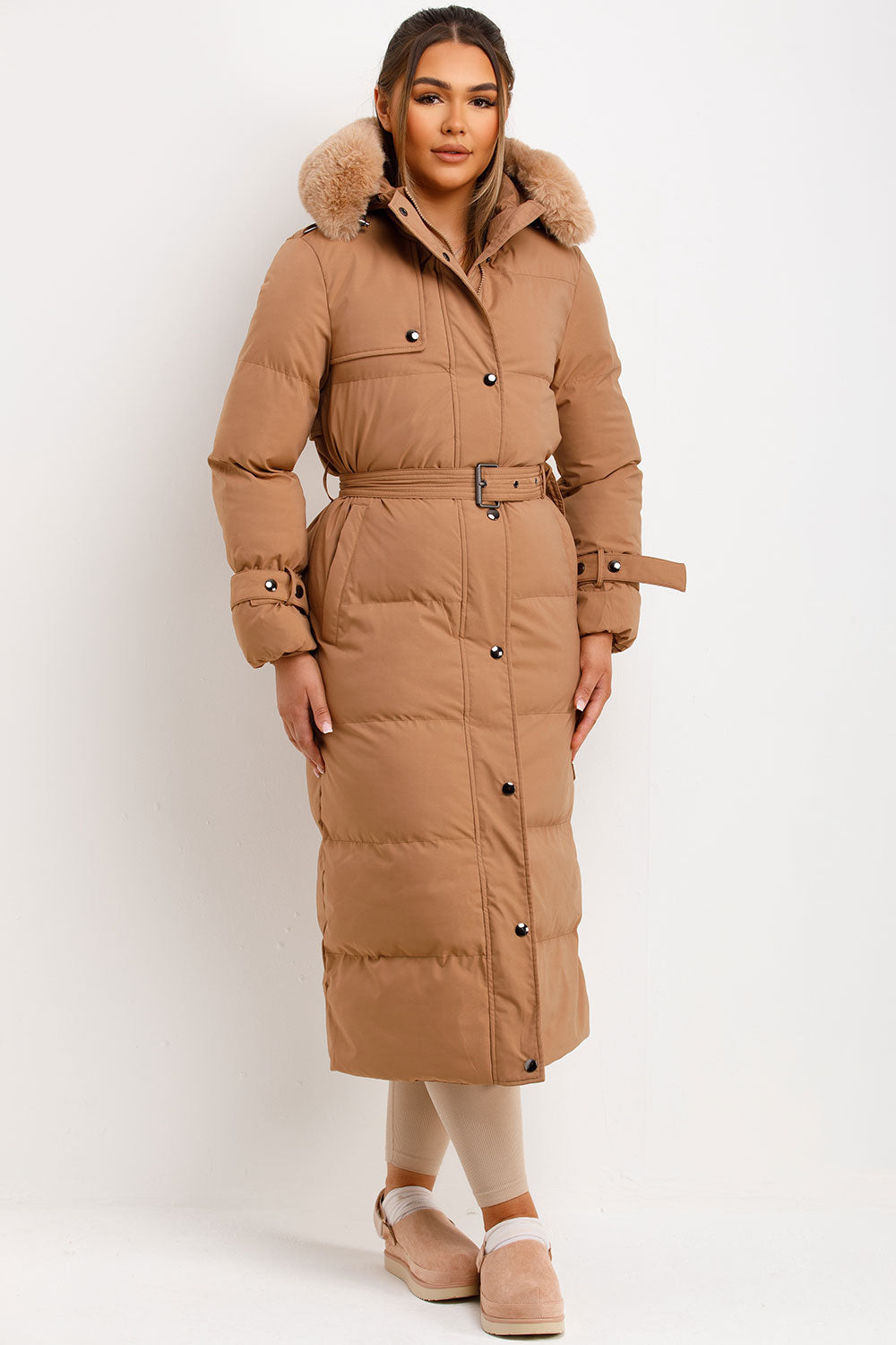 Long Puffer Trench Coat With Belt And Faux Fur Hood Camel