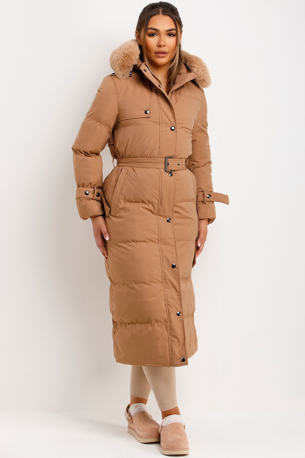 Long Puffer Trench Coat With Belt And Faux Fur Hood Camel