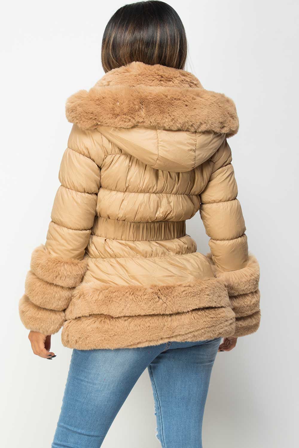 Faux Fur Trim Puffer Hooded Down Jacket With Belt Camel