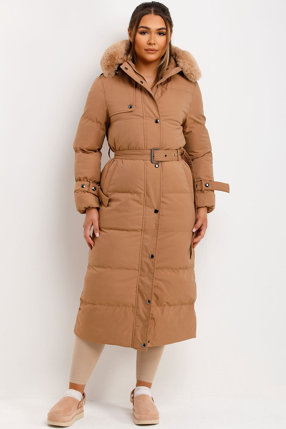 Long Puffer Trench Coat With Belt And Faux Fur Hood Camel