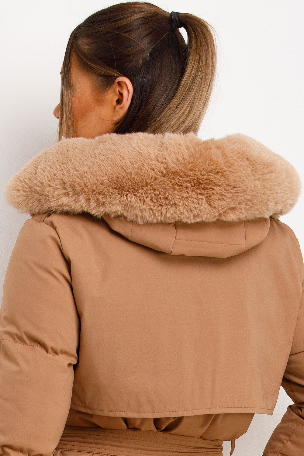 Long Puffer Trench Coat With Belt And Faux Fur Hood Camel