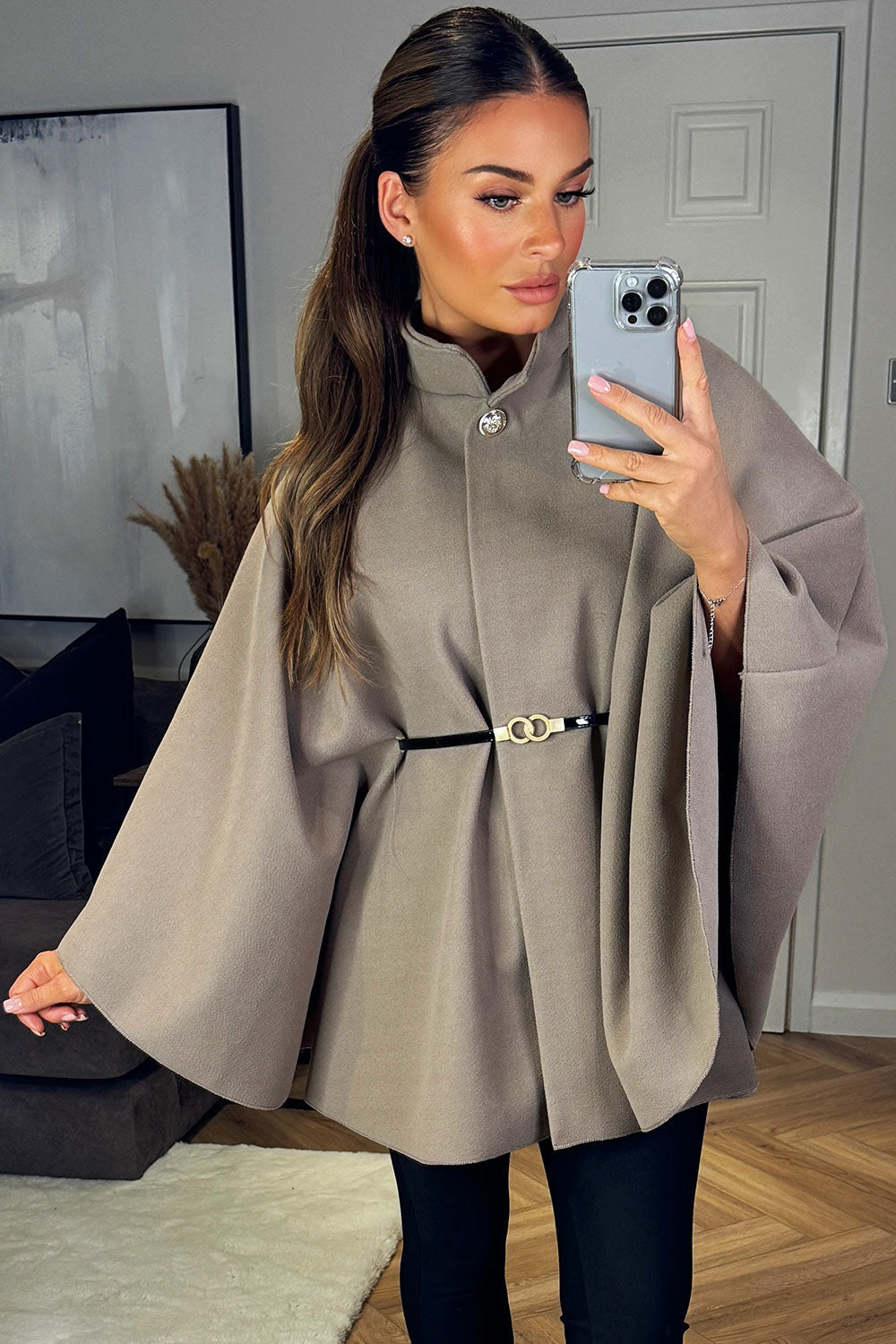 Cape With Belt And Button Mocha Poncho