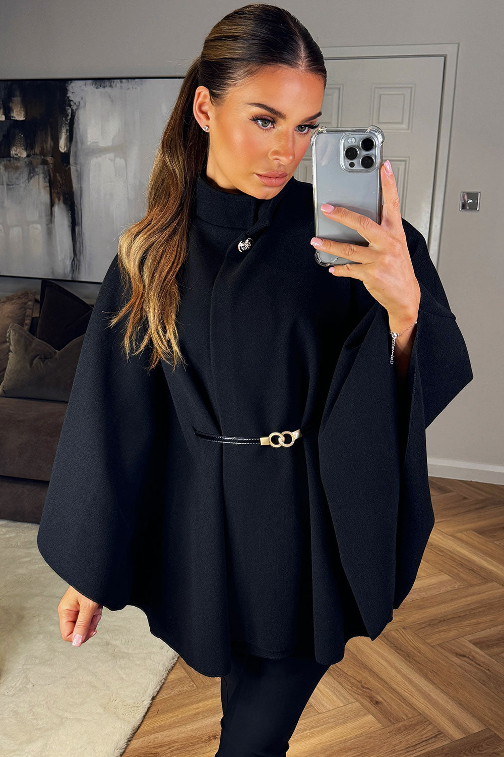 Cape With Belt And Button Black Poncho