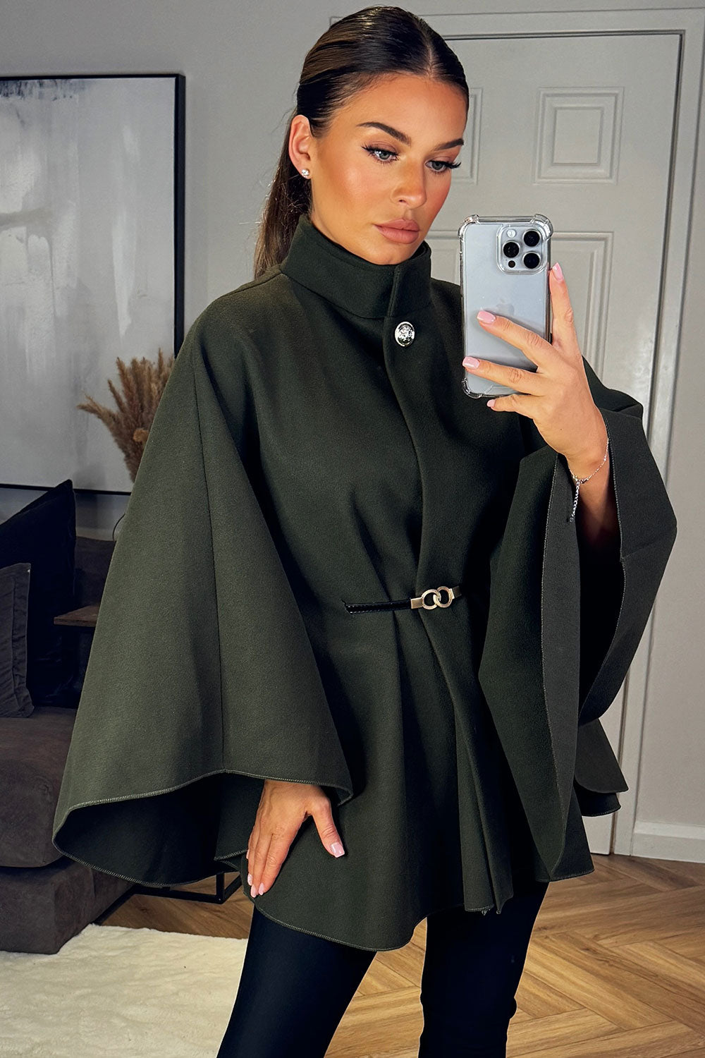 Cape With Belt And Button Khaki Poncho