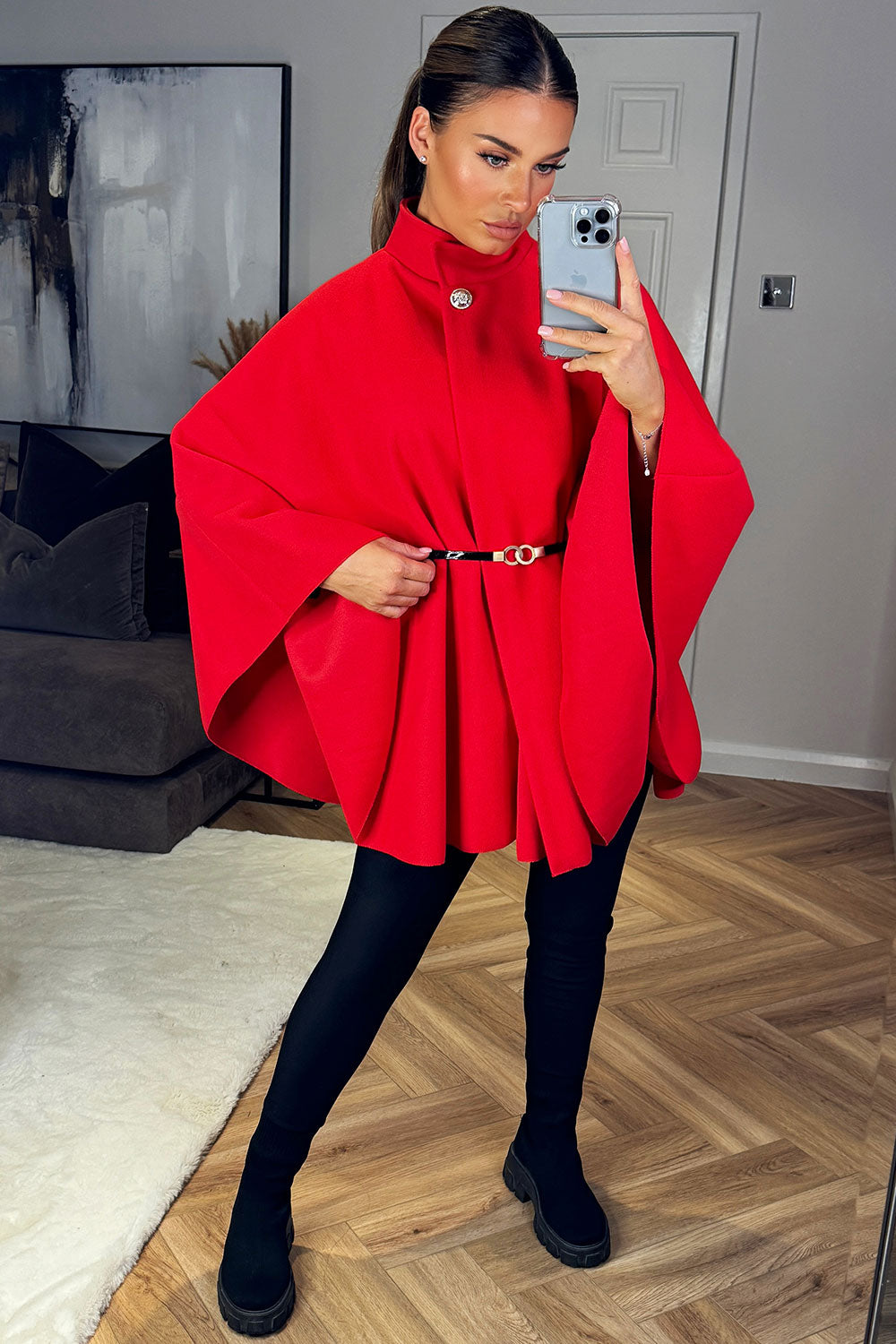 Cape With Belt And Button Red Poncho