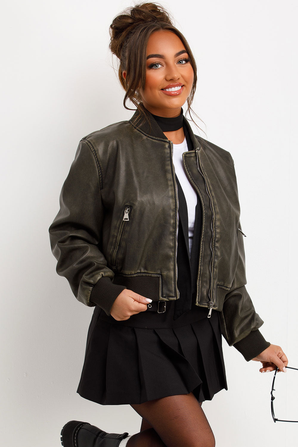 Faux Leather Jacket Bomber Style Charcoal