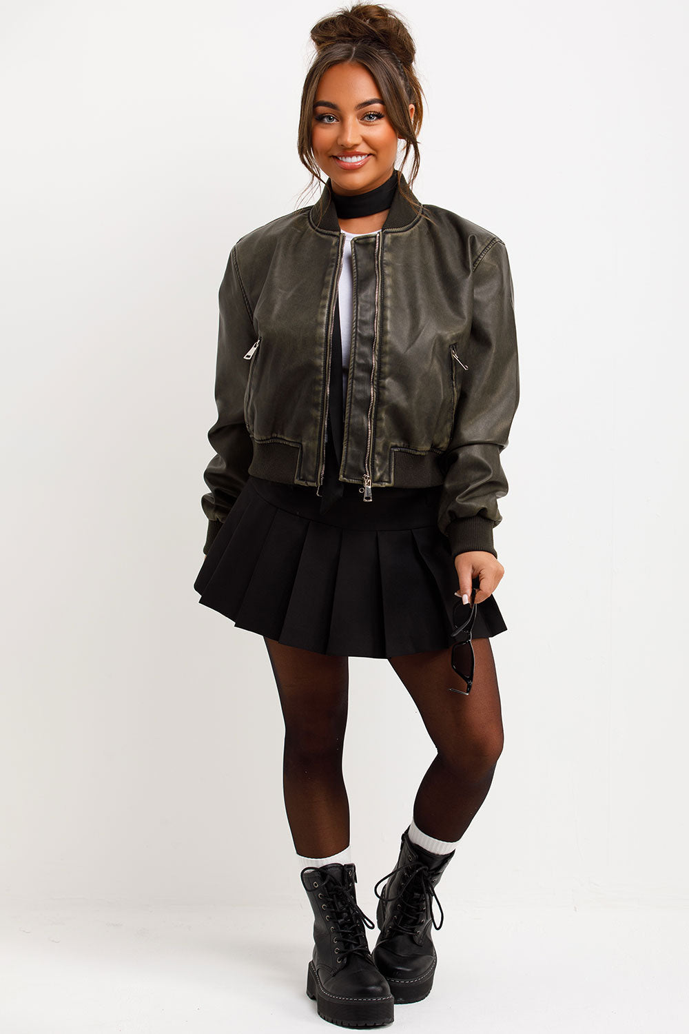 Faux Leather Jacket Bomber Style Charcoal