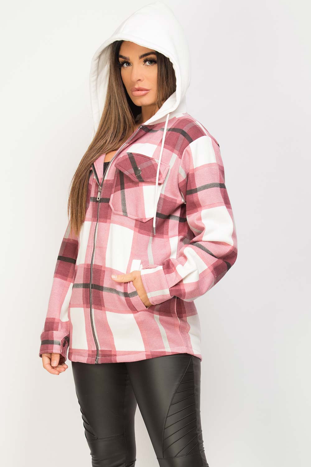 Check Hooded Shacket Wine Red