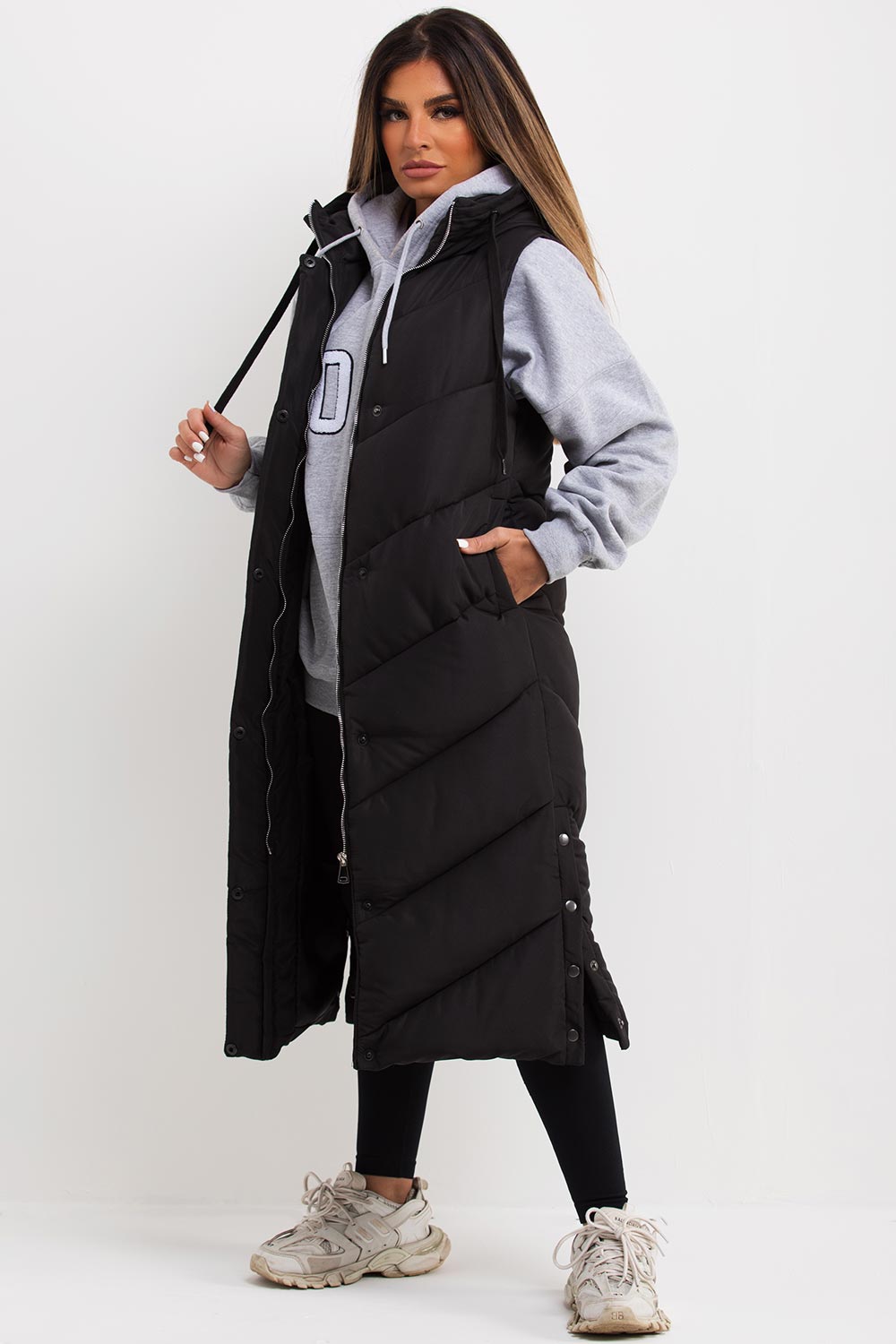 Black Long Gilet With Chevron Padded Style