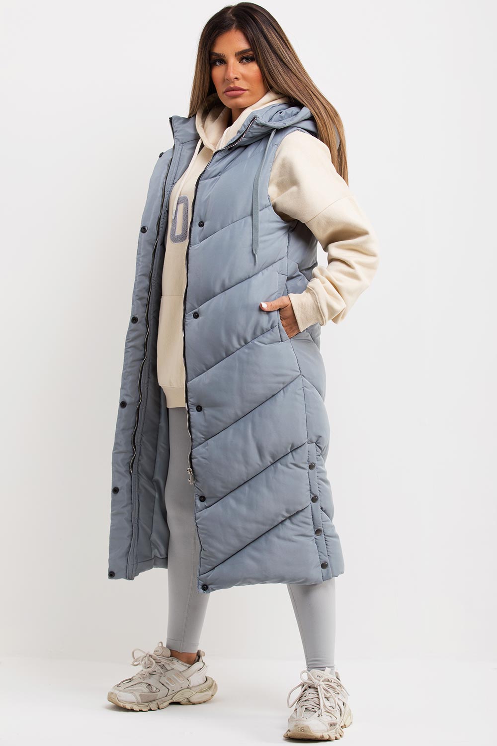 Grey Long Gilet With Chevron Padded Style