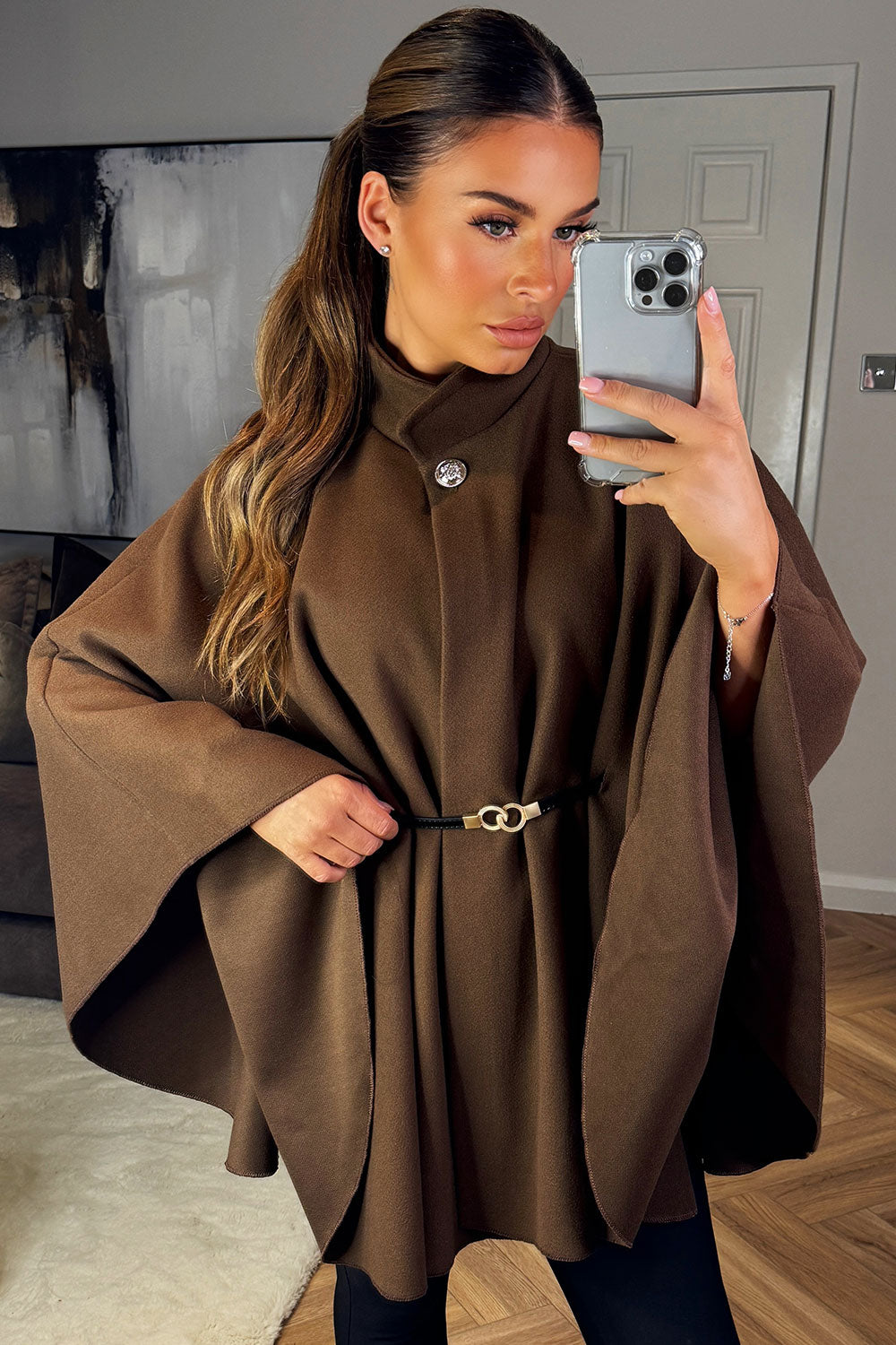 Cape With Belt And Button Brown Poncho