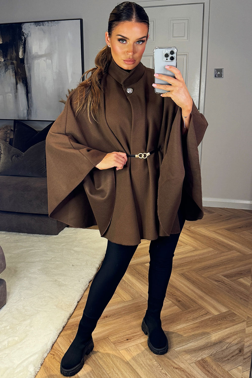 Cape With Belt And Button Brown Poncho