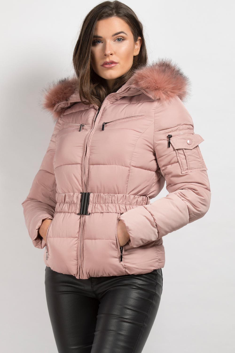 Pink Faux Fur Hooded Puffer Coat With Belt