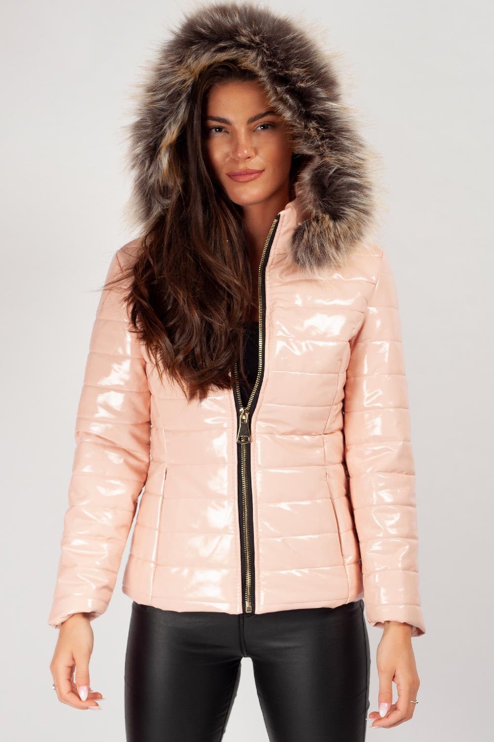 Wet Look Puffer Coat With Faux Fur Hood