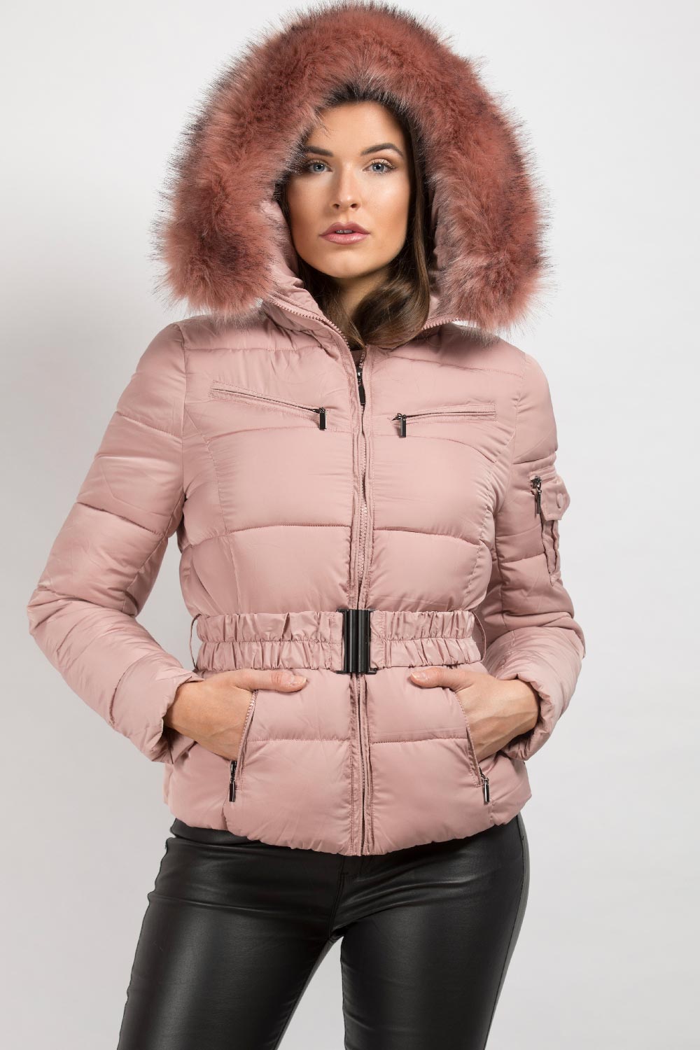 Pink Faux Fur Hooded Puffer Coat With Belt