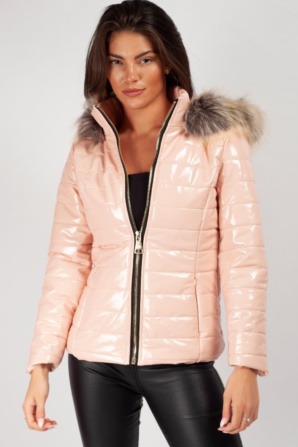 Wet Look Puffer Coat With Faux Fur Hood