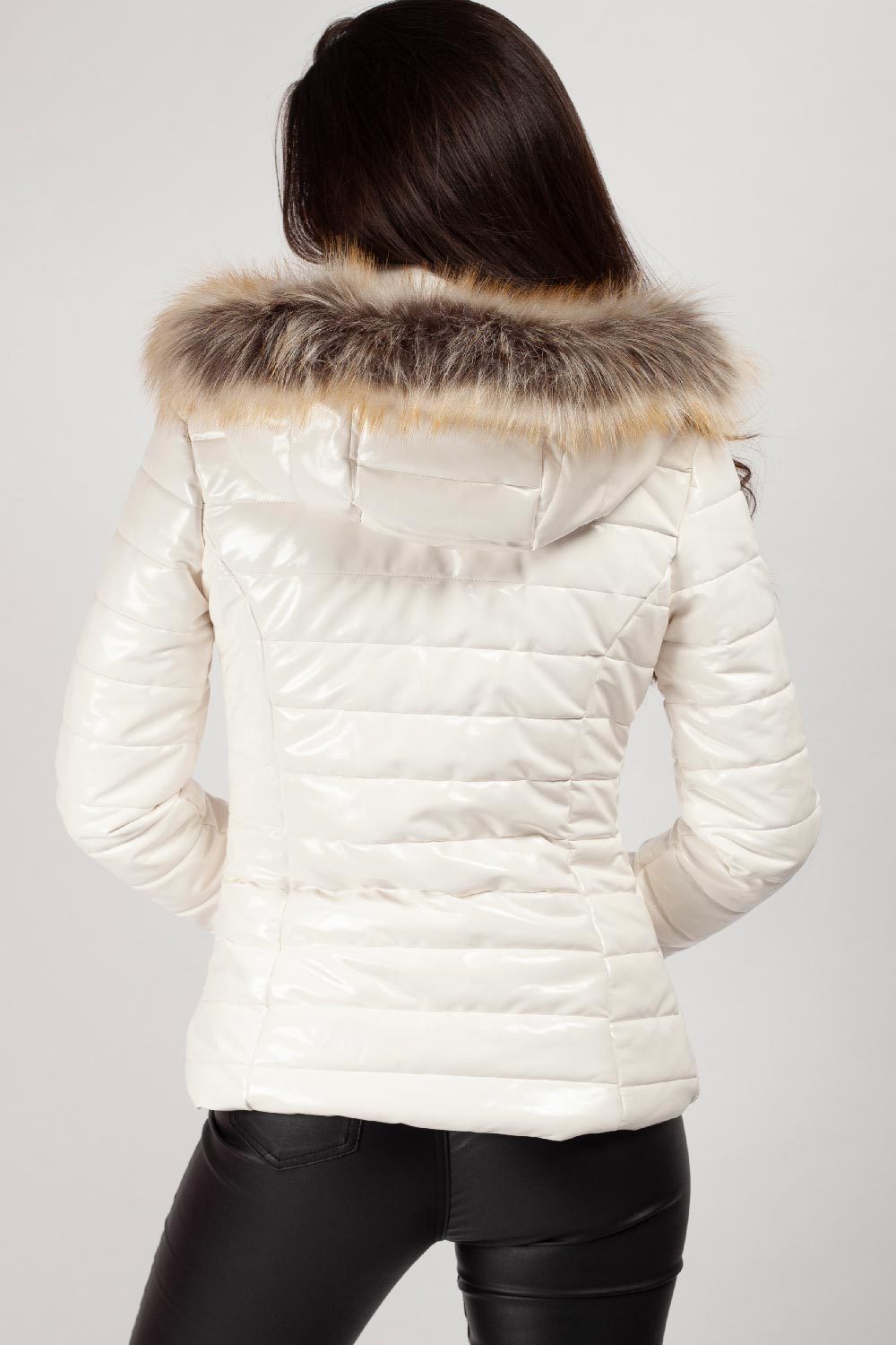 Wet Look Puffer Coat With Faux Fur Hood