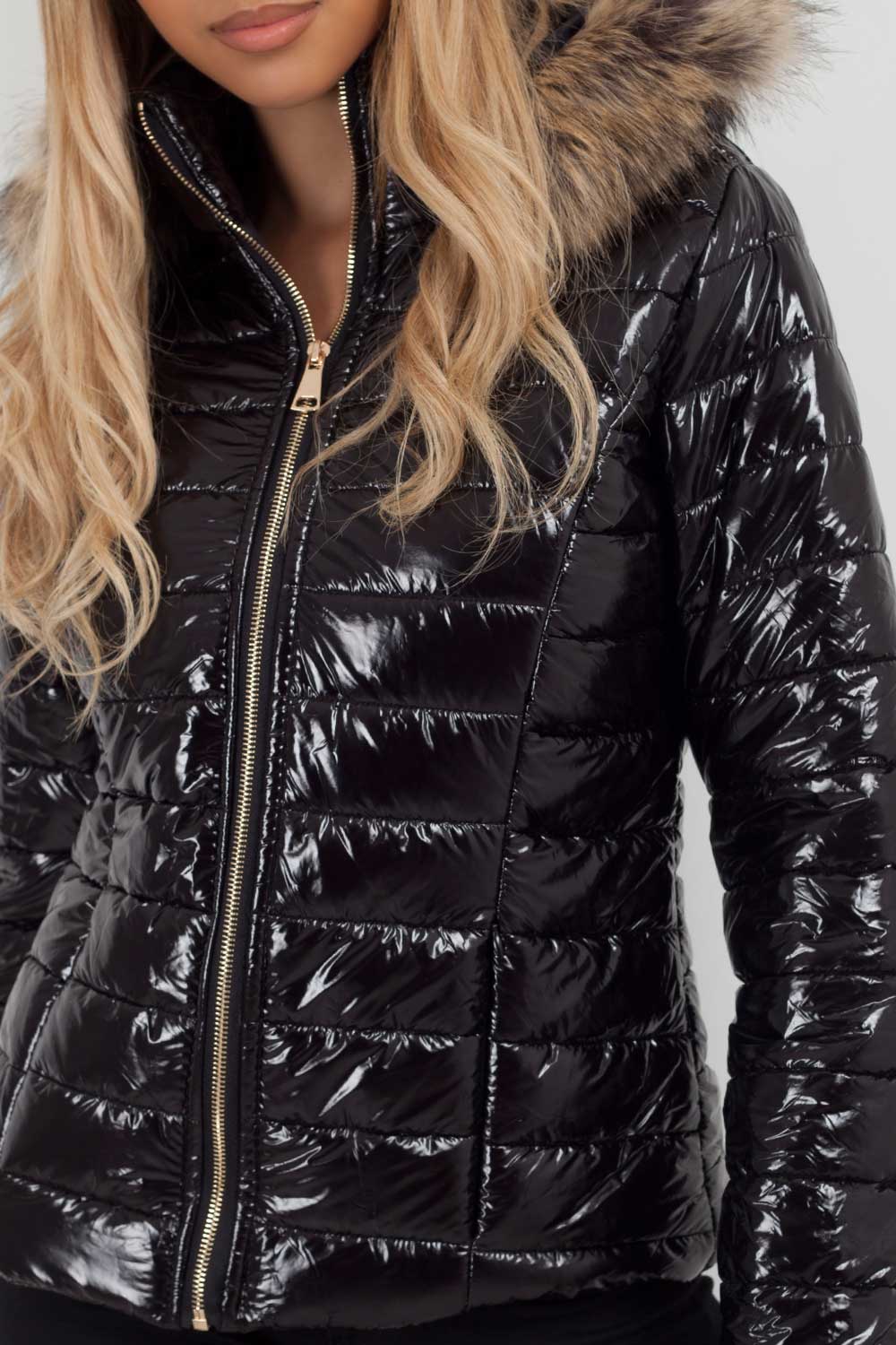 Black Shiny Puffer Coat With Faux Fur Hood