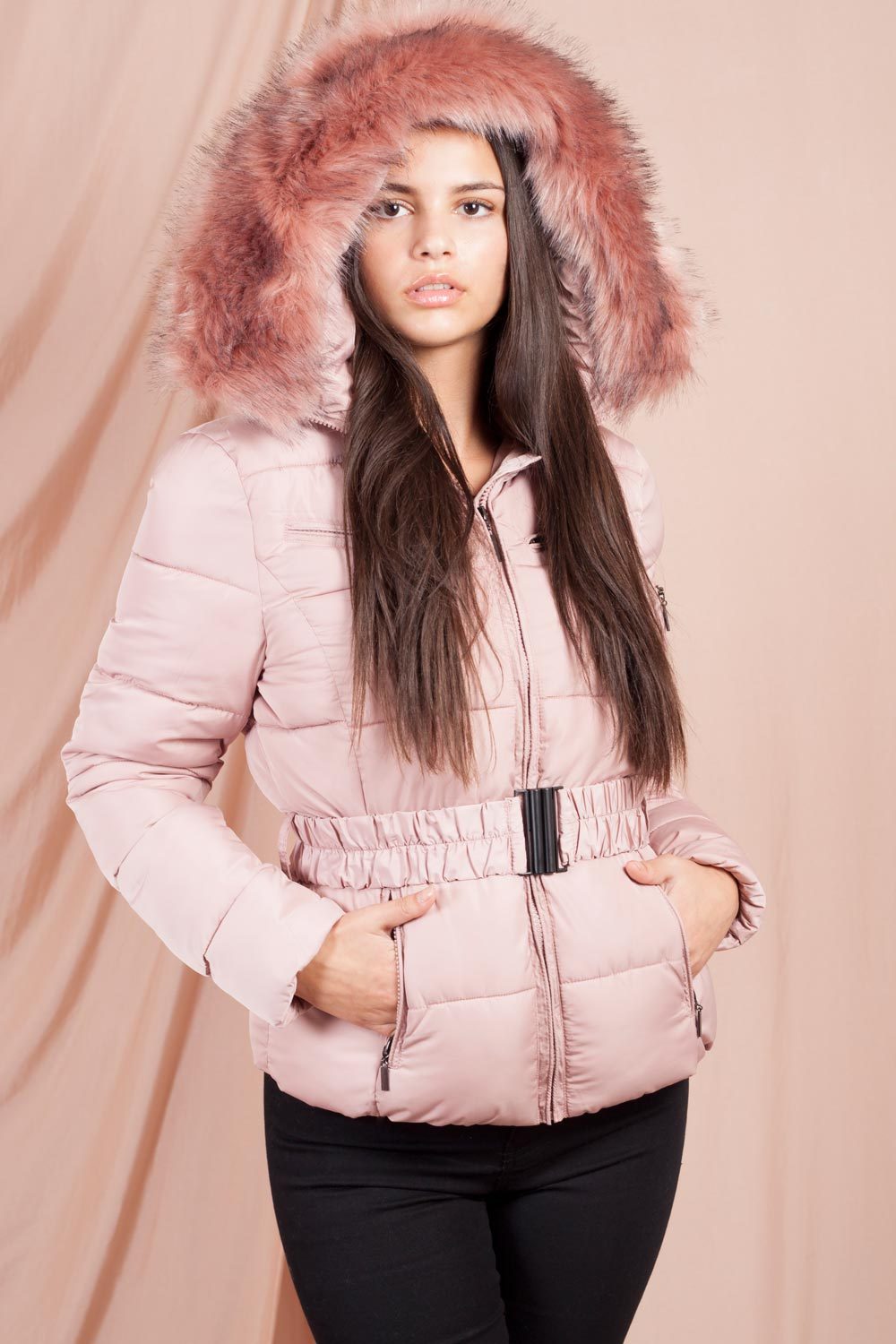 Pink Faux Fur Hooded Puffer Coat With Belt