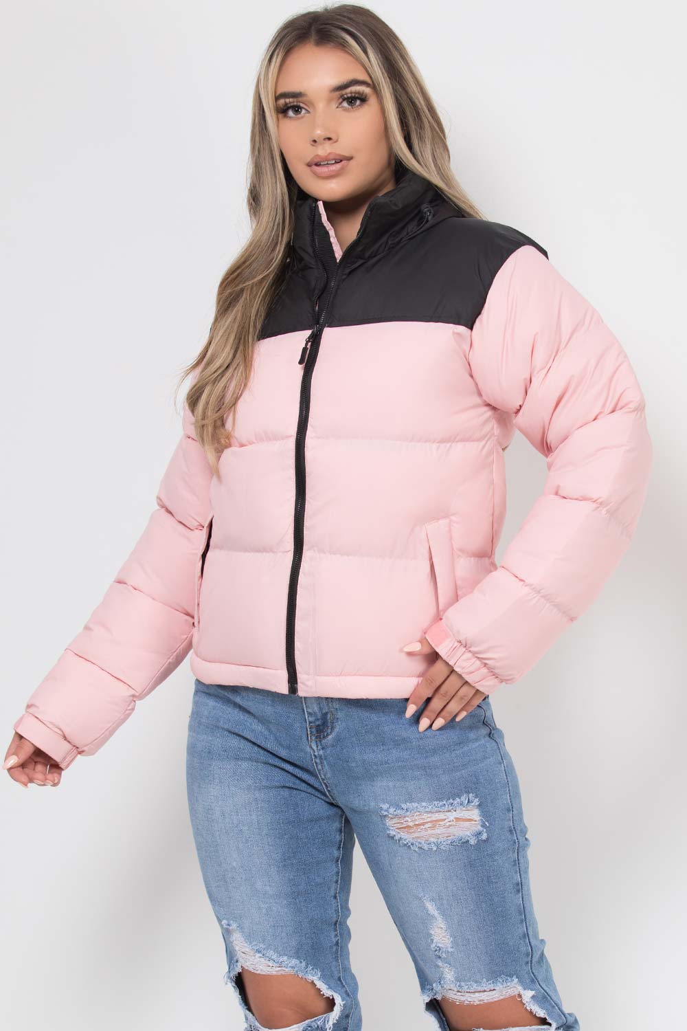 Puffer Jacket Pink And Black Colour Block