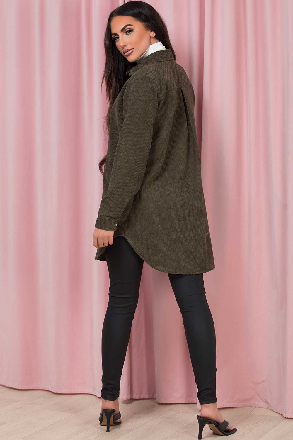 Khaki Oversized Cord Shacket Jacket